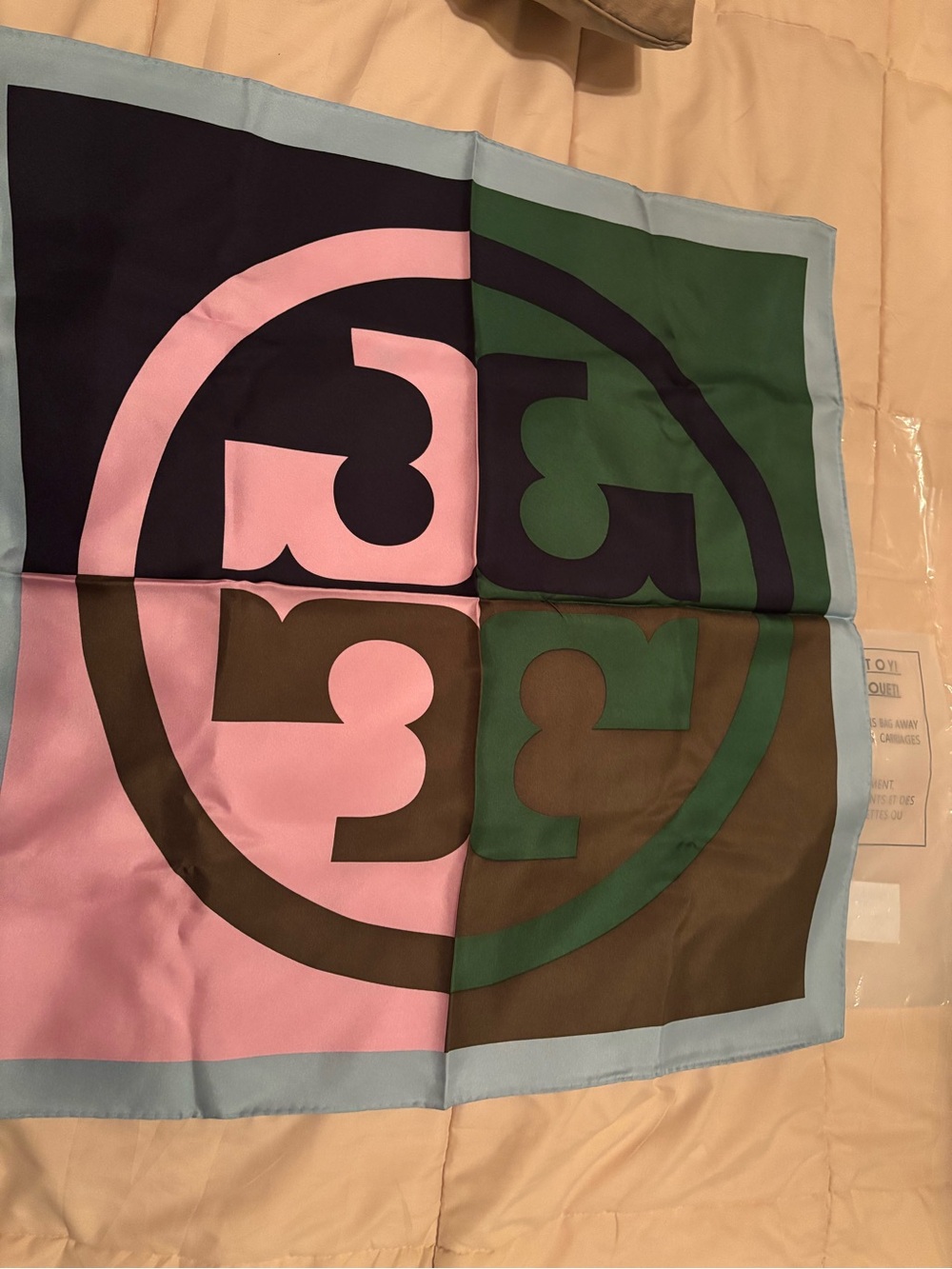 Tory Burch Colorblock Logo Silk Scarf in Pink, Green, Brown, Navy